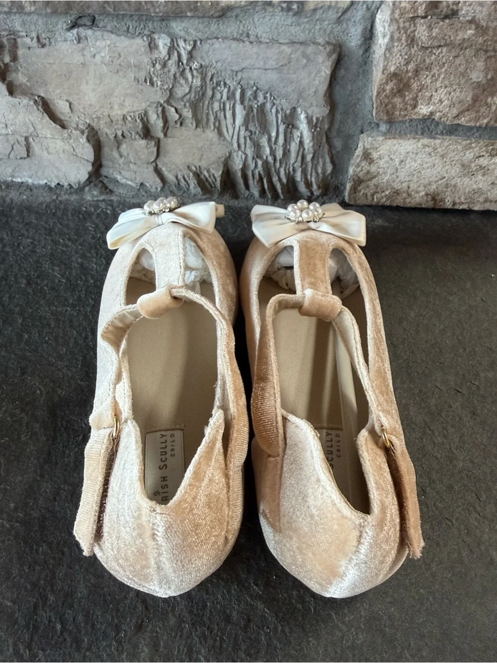 Trish Scully Girls Beige Velvet Bow Dress Shoes with Pearl Accent